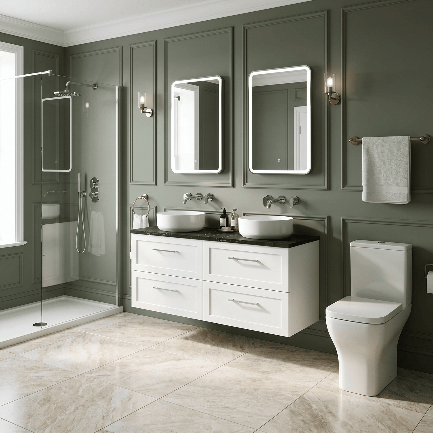 [BFSH124LBP2] Stonnall Traditional Wall Hung 4 Drawer 1200mm Vanity Unit with Black Pietra Marble Laminate Worktop - Choice of Colour - Lifestyle 1