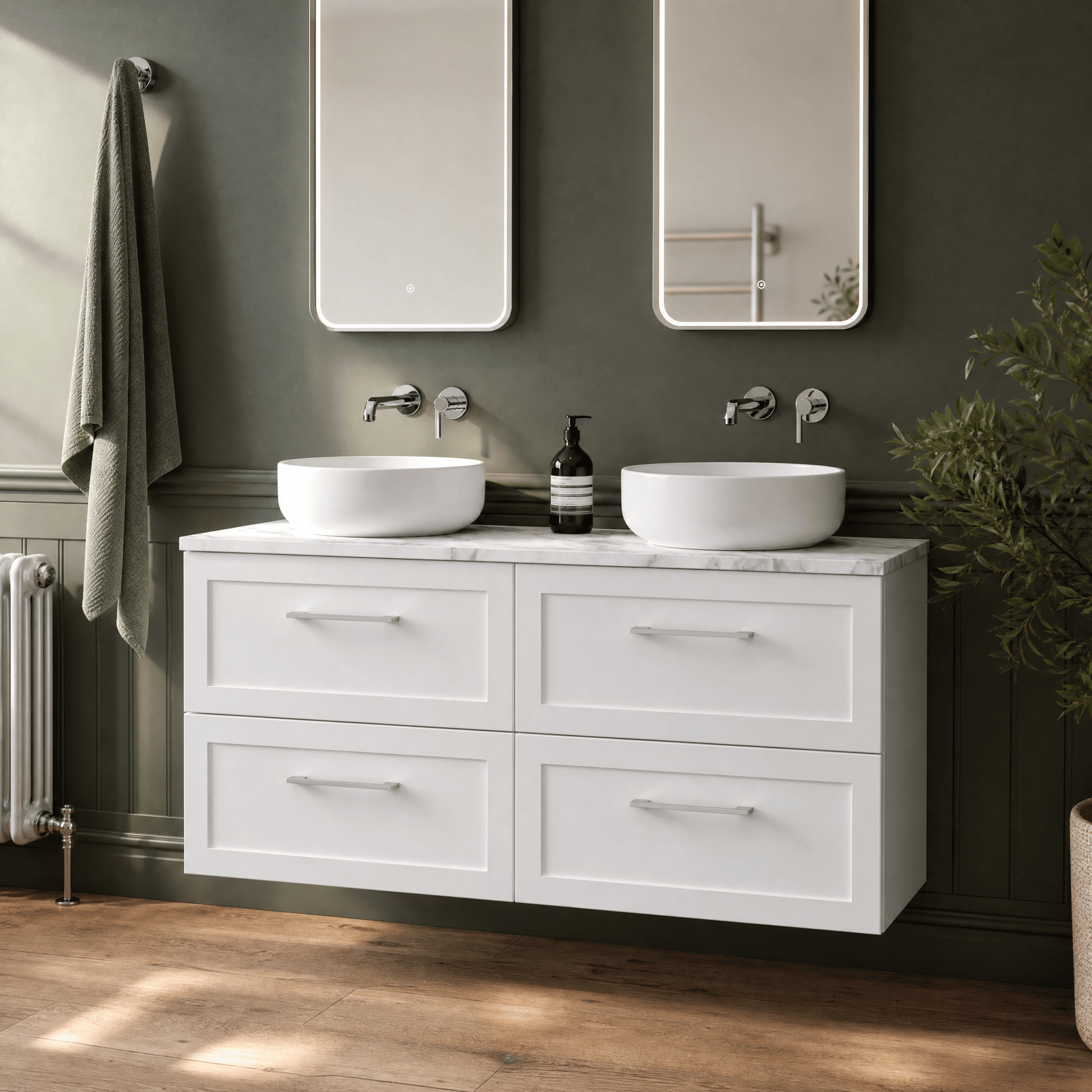 [BFSH124LCM2] Stonnall Traditional Wall Hung 4 Drawer 1200mm Vanity Unit with Carrera Marble Laminate Worktop - Choice of Colour - Lifestyle 1