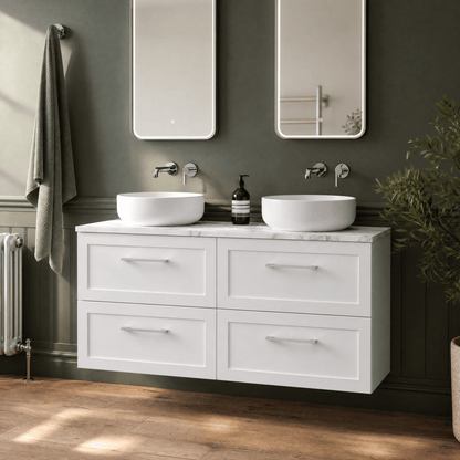 [BFSH124LCM2] Stonnall Traditional Wall Hung 4 Drawer 1200mm Vanity Unit with Carrera Marble Laminate Worktop - Choice of Colour - Lifestyle 1