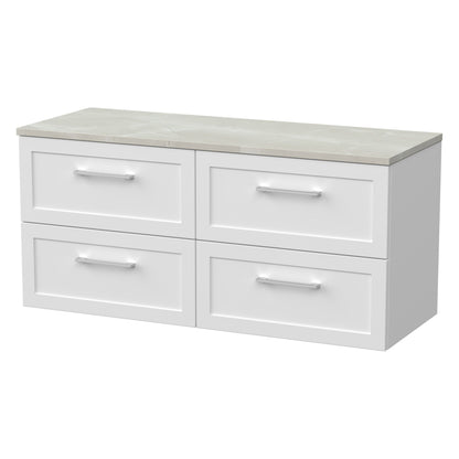 [BFSH124LMP2] Stonnall Traditional Wall Hung 4 Drawer 1200mm Vanity Unit with Marble Plaster Laminate Worktop - Choice of Colour - Cutout