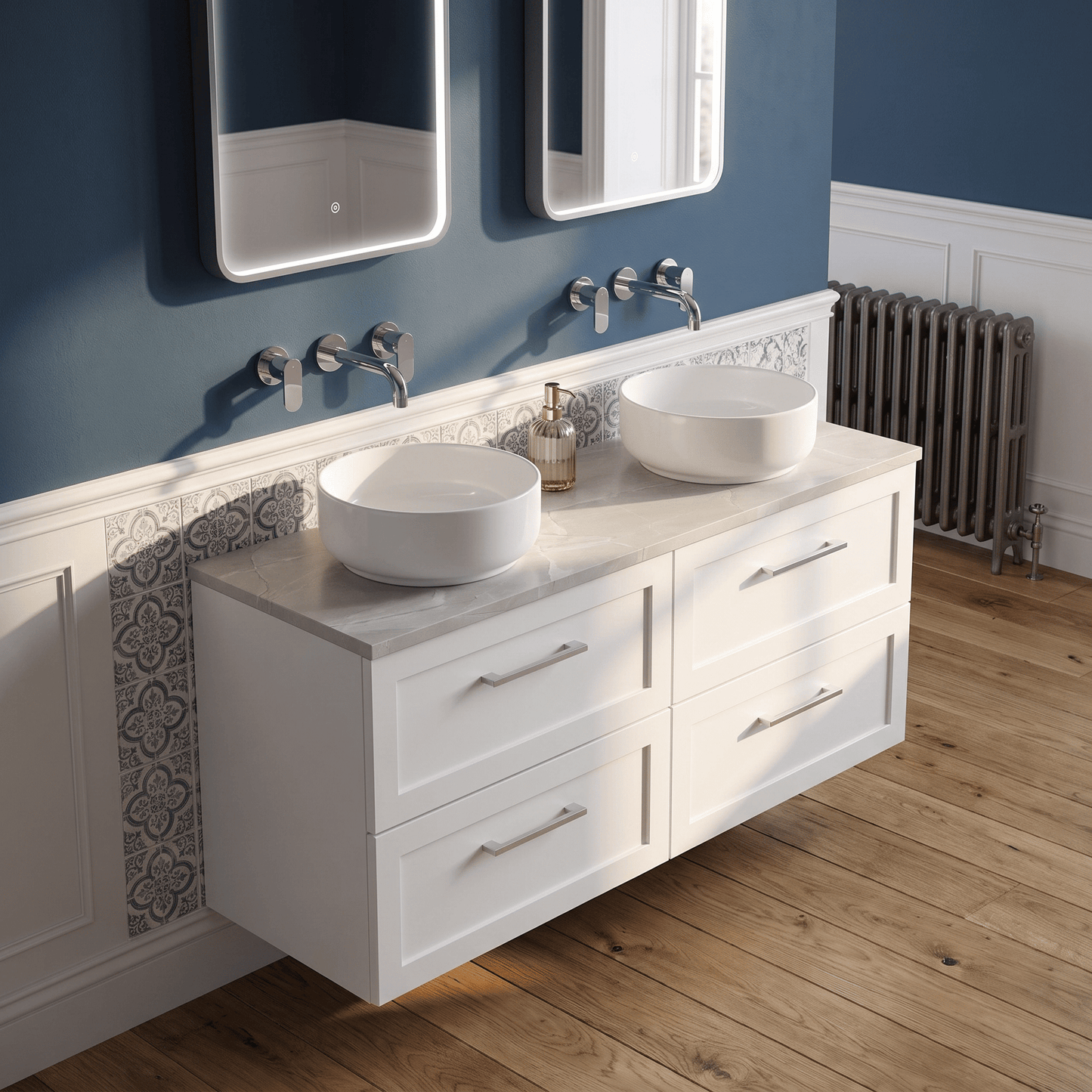 [BFSH124LMP2] Stonnall Traditional Wall Hung 4 Drawer 1200mm Vanity Unit with Marble Plaster Laminate Worktop - Choice of Colour - Lifestyle 2