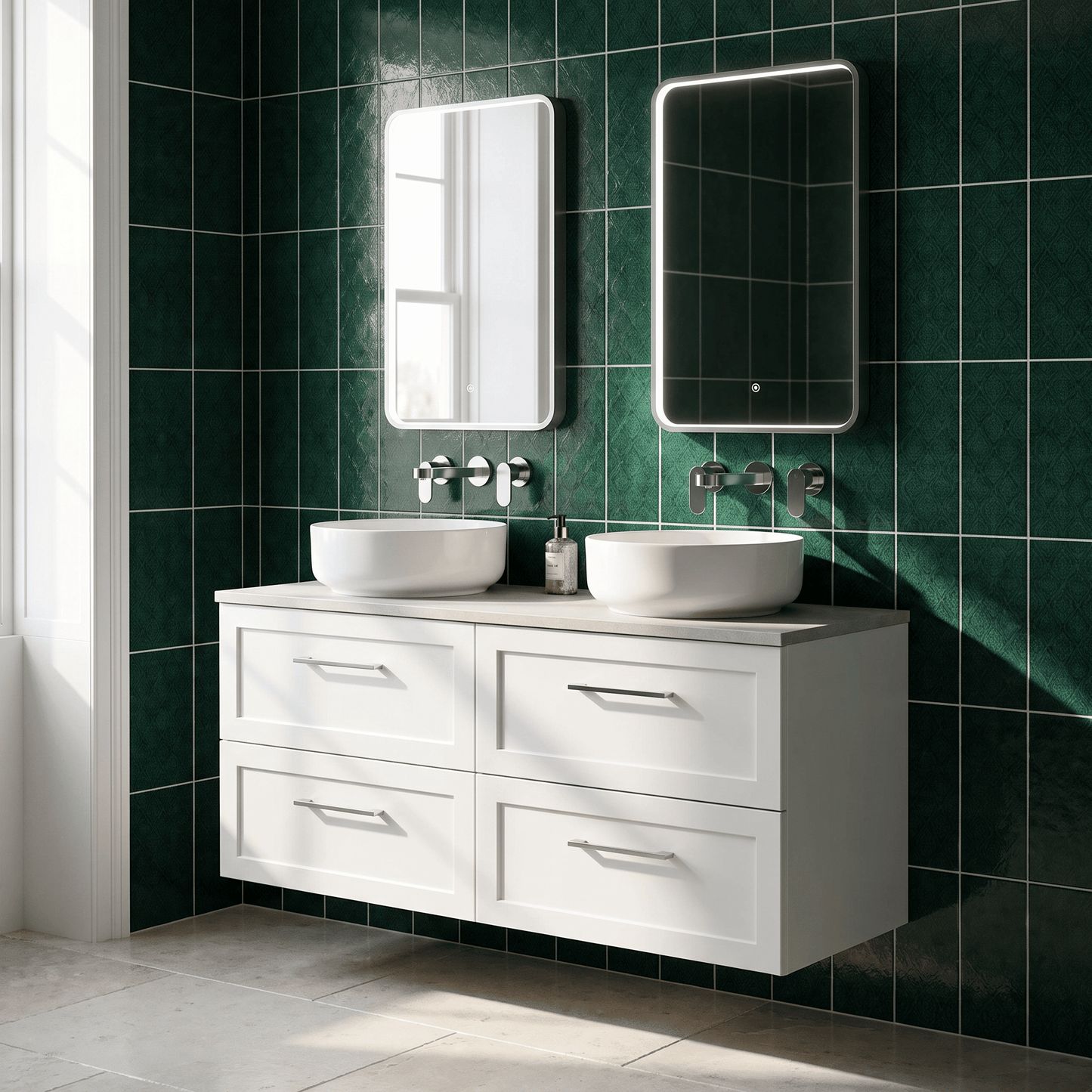 [BFSH124LSWG2] Stonnall Traditional Wall Hung 4 Drawer 1200mm Vanity Unit with White Sparkle Laminate Worktop - Choice of Colour - Lifestyle 1