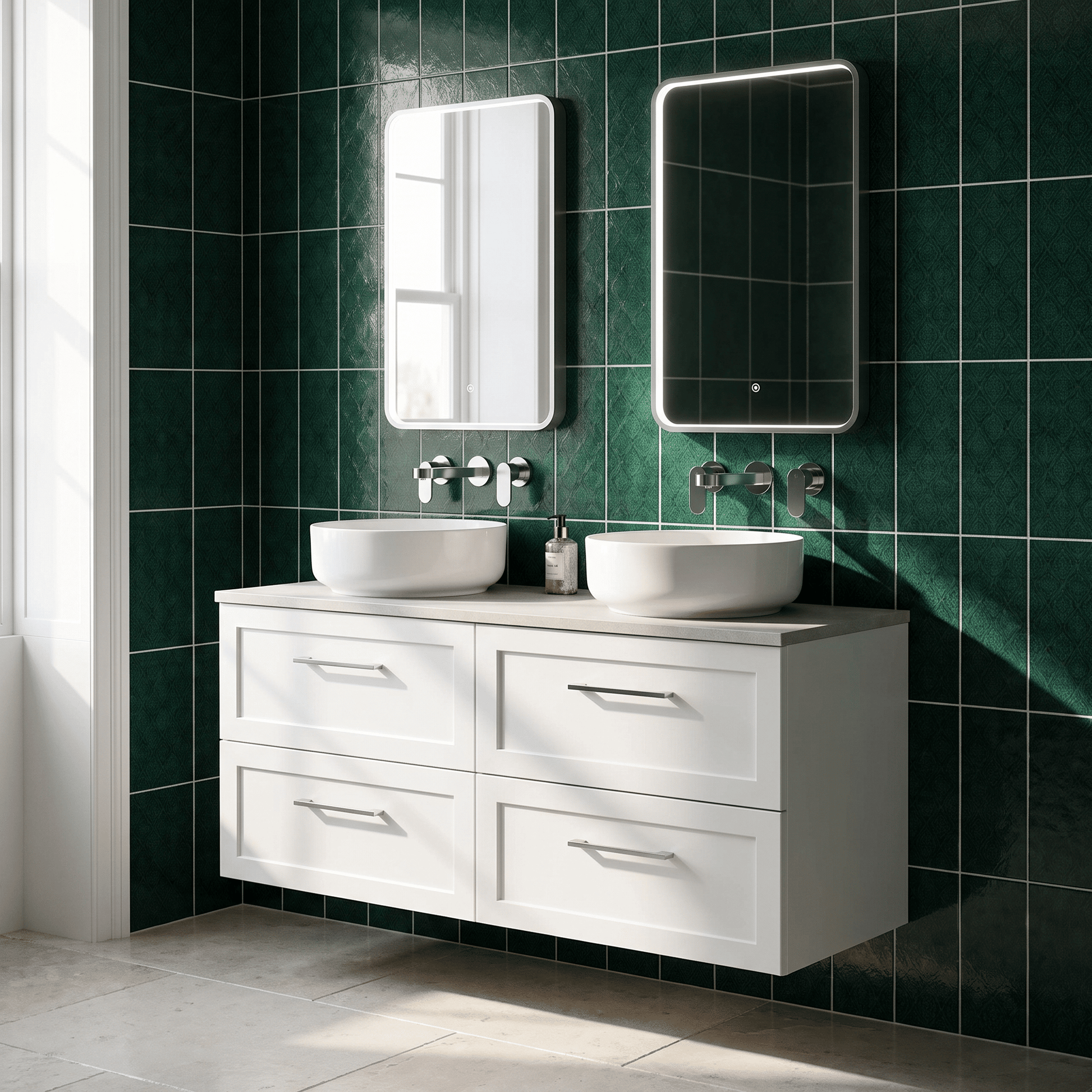 [BFSH124LSWG2] Stonnall Traditional Wall Hung 4 Drawer 1200mm Vanity Unit with White Sparkle Laminate Worktop - Choice of Colour - Lifestyle 1