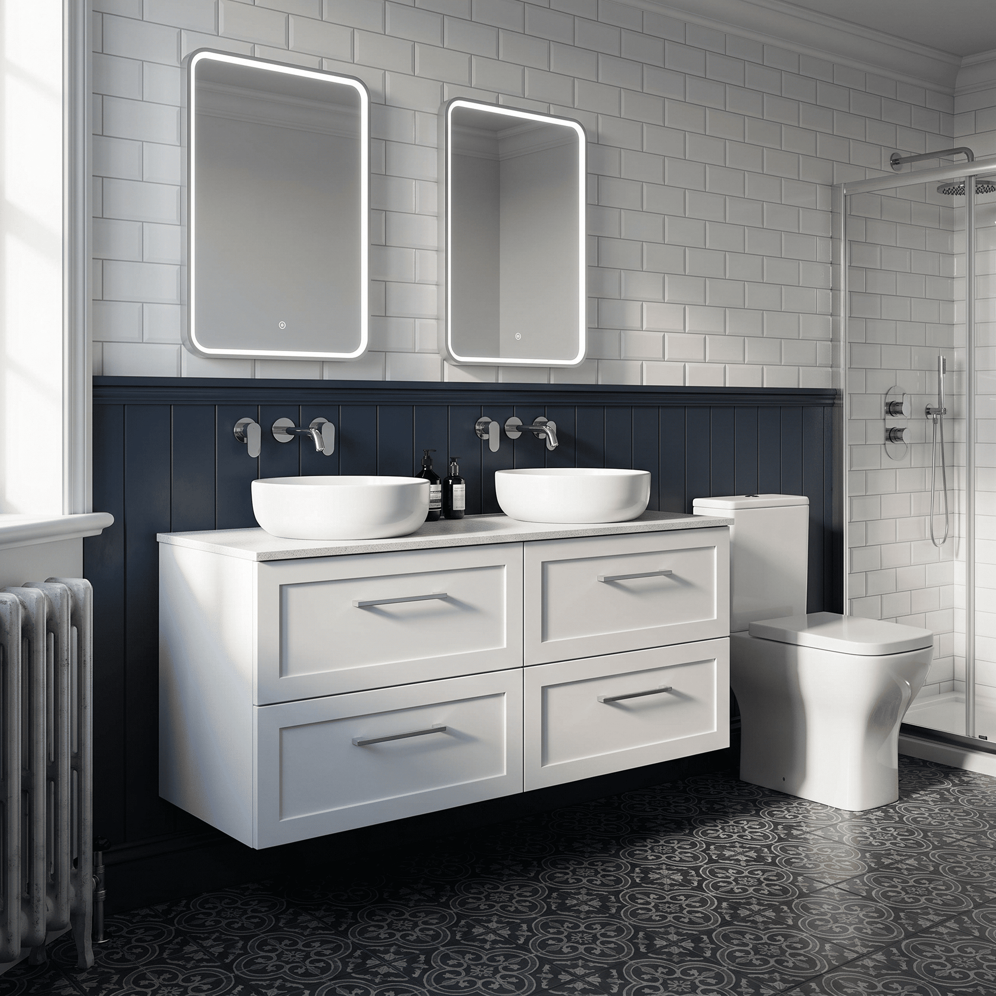 [BFSH124WMT2] Stonnall Traditional Wall Hung 4 Drawer 1200mm Vanity Unit with White Marble Top - Choice of Colour - Lifestyle 3
