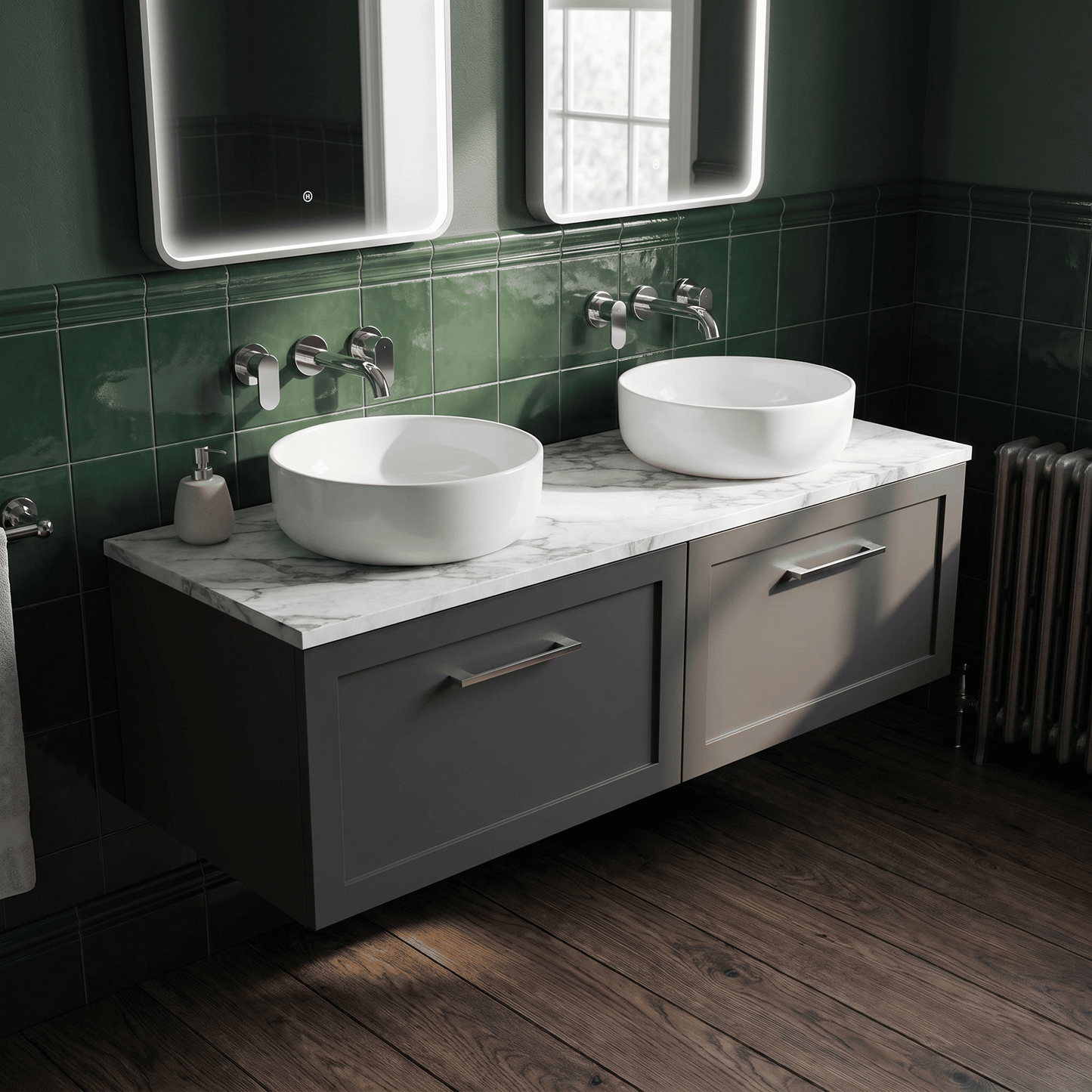 [BFSH1422LCM2] Stonnall Traditional Wall Hung 2 Drawer 1200mm Vanity Unit with Carrera Marble Laminate Worktop - Choice of Colour - Lifestyle 2