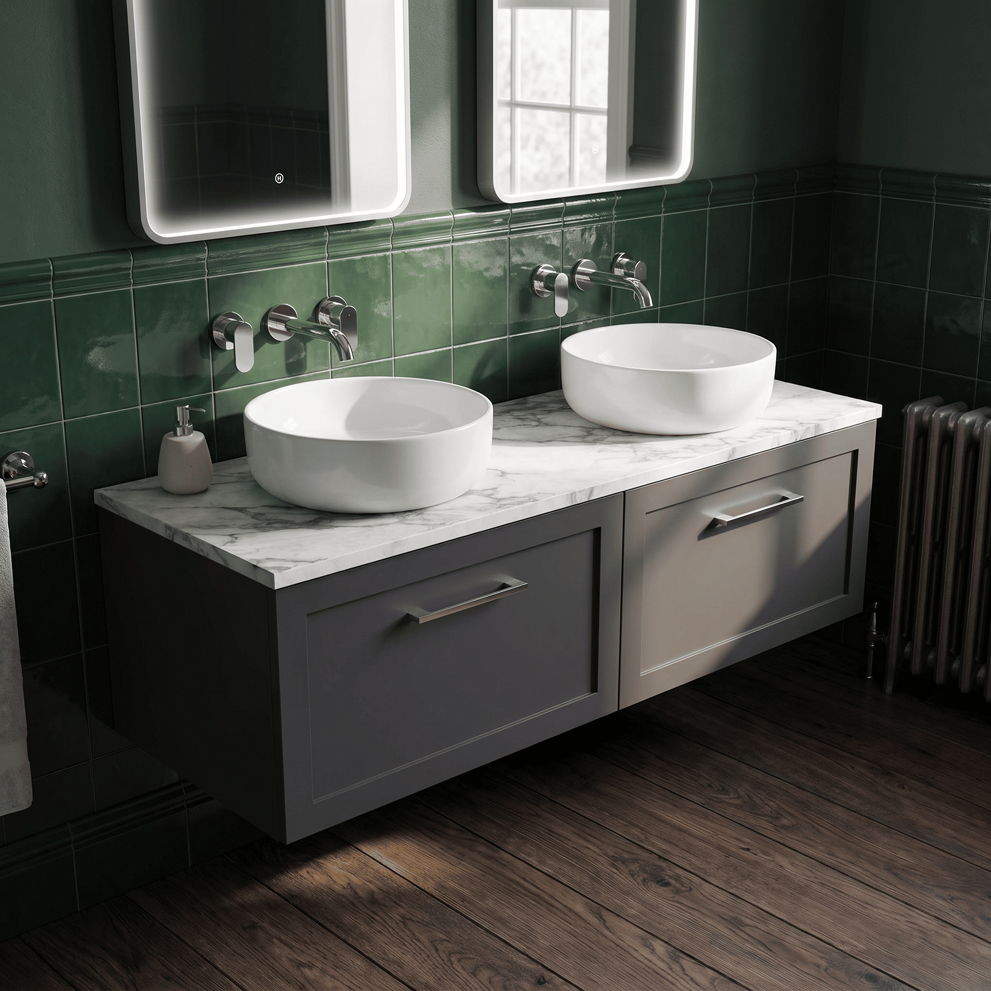 [BFSH1422LCM2] Stonnall Traditional Wall Hung 2 Drawer 1200mm Vanity Unit with Carrera Marble Laminate Worktop - Choice of Colour - Lifestyle 2