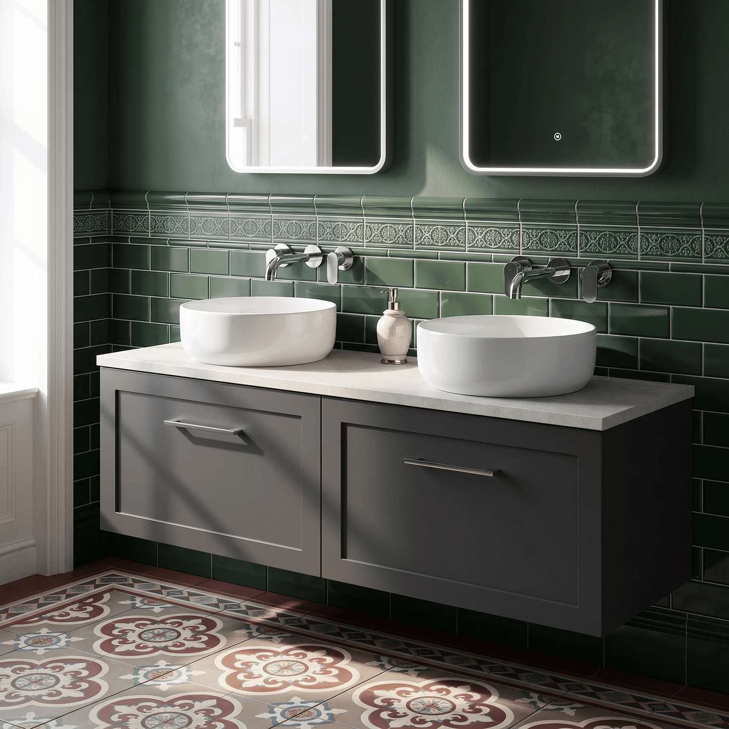 [BFSH1422LSWG2] Stonnall Traditional Wall Hung 2 Drawer 1200mm Vanity Unit with White Sparkle Laminate Worktop - Choice of Colour - Lifestyle 2