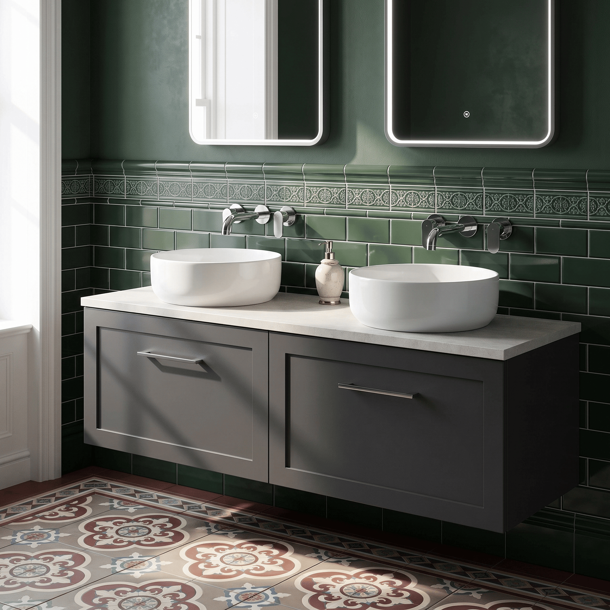 [BFSH1422LSWG2] Stonnall Traditional Wall Hung 2 Drawer 1200mm Vanity Unit with White Sparkle Laminate Worktop - Choice of Colour - Lifestyle 2