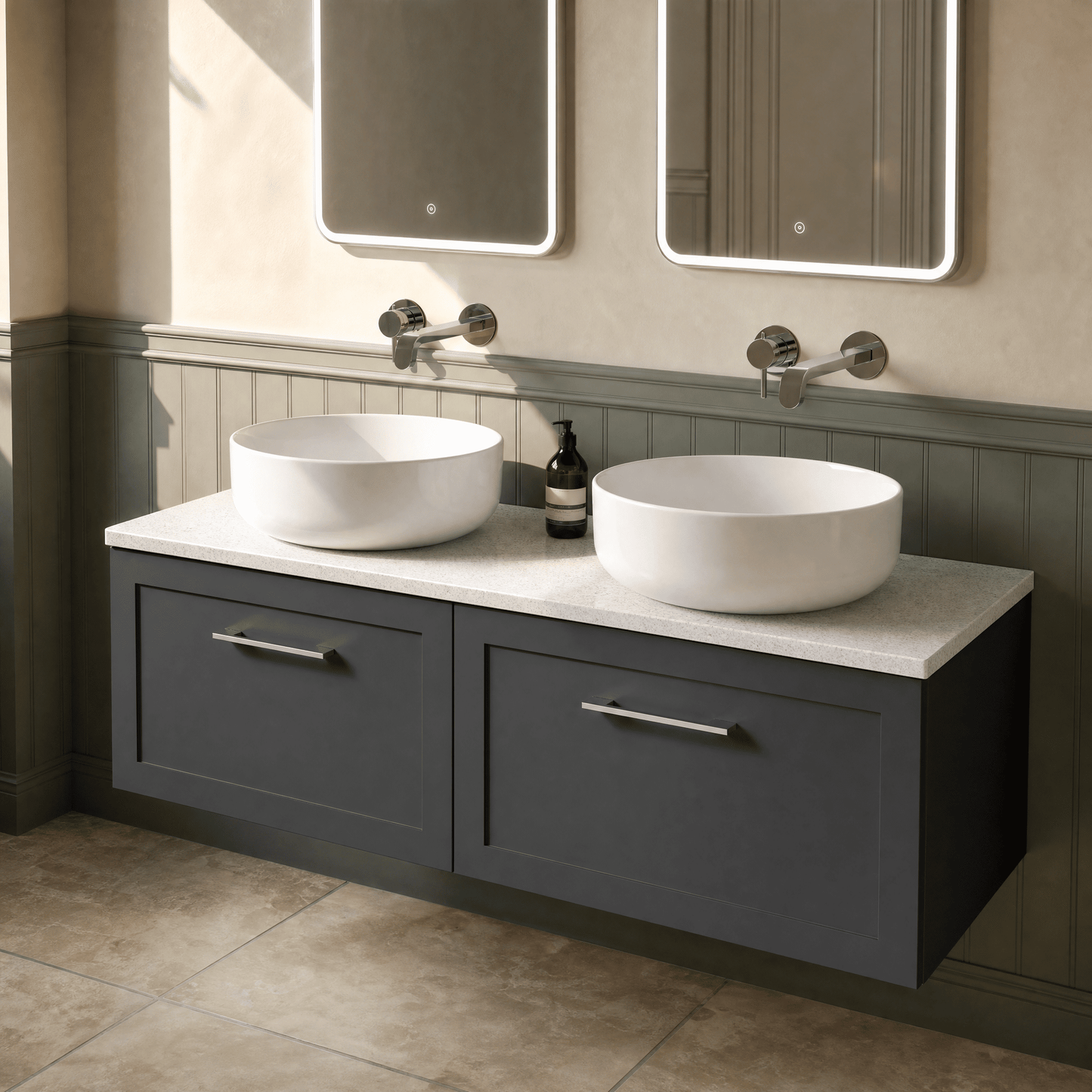 [BFSH1422LWN2] Stonnall Traditional Wall Hung 2 Drawer 1200mm Vanity Unit with White Nebula Laminate Worktop - Choice of Colour - Lifestyle 2