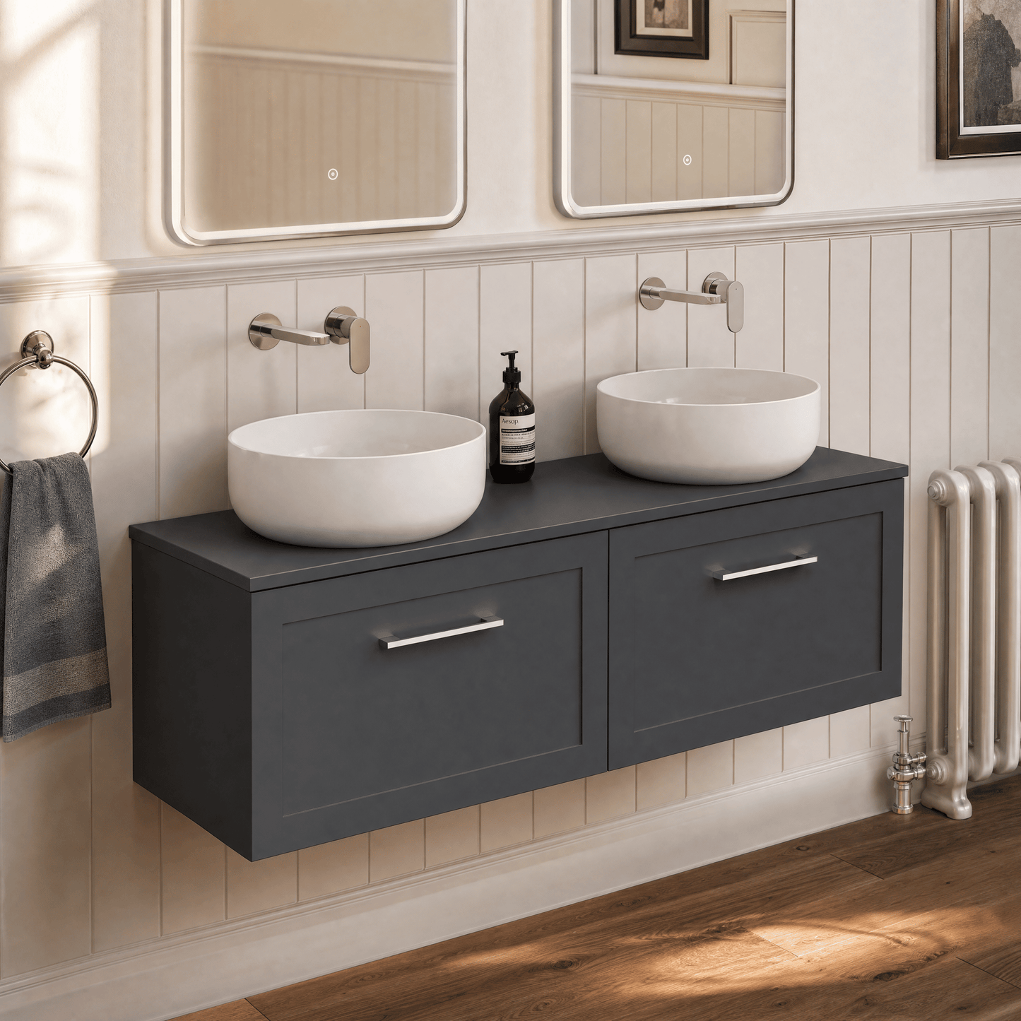 [BFSH1422WS2] Stonnall Traditional Wall Hung 2 Drawer 1200mm Vanity Unit with White Marble Top and Basin - Choice of Colour - Lifestyle 2