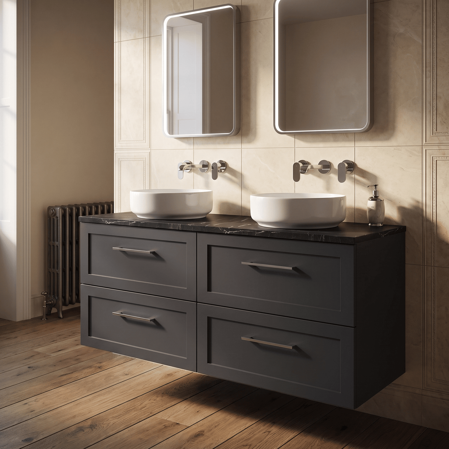 [BFSH1424LBP2] Stonnall Traditional Wall Hung 4 Drawer 1200mm Vanity Unit with Black Pietra Marble Laminate Worktop - Choice of Colour - Lifestyle 1