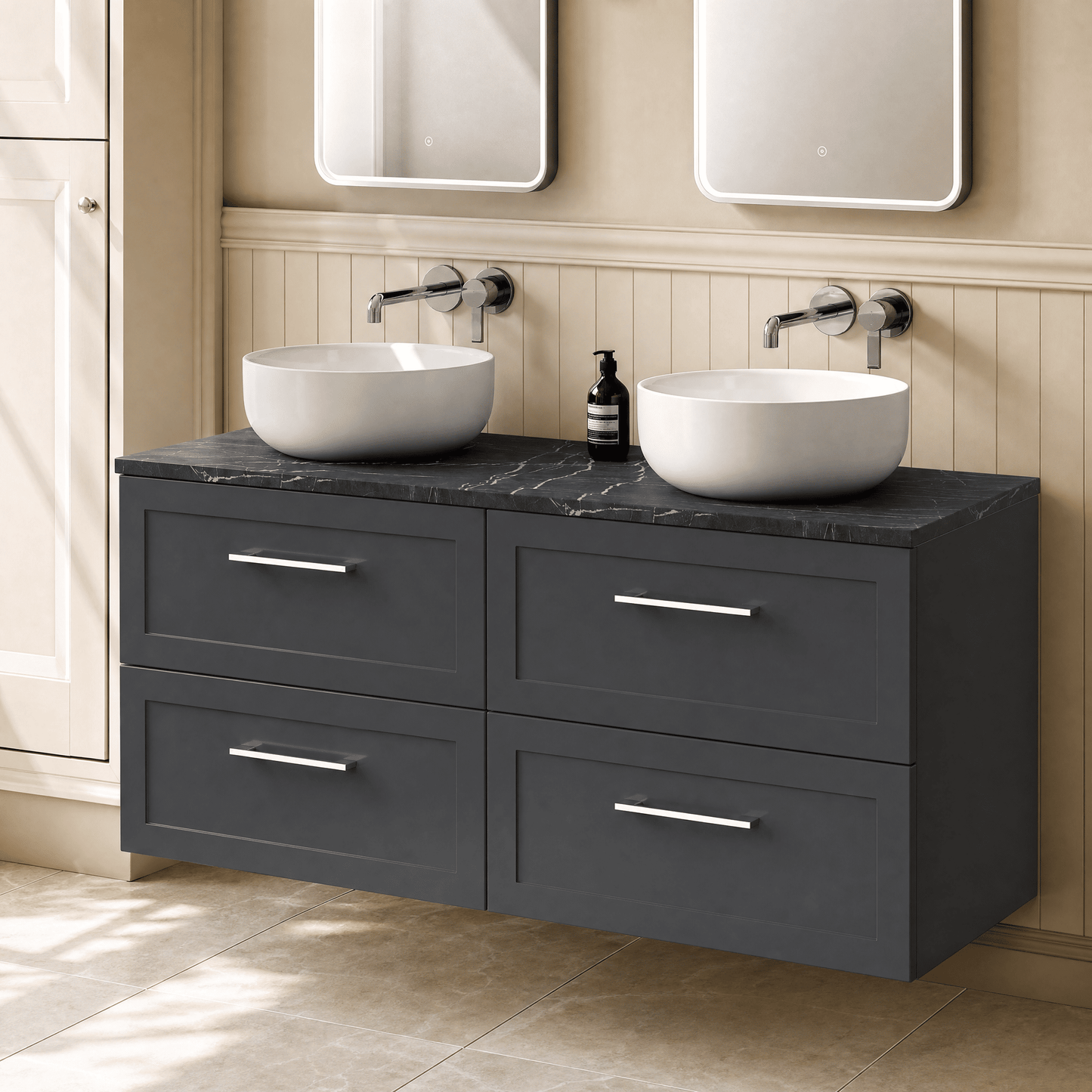 [BFSH1424LBP2] Stonnall Traditional Wall Hung 4 Drawer 1200mm Vanity Unit with Black Pietra Marble Laminate Worktop - Choice of Colour - Lifestyle 2