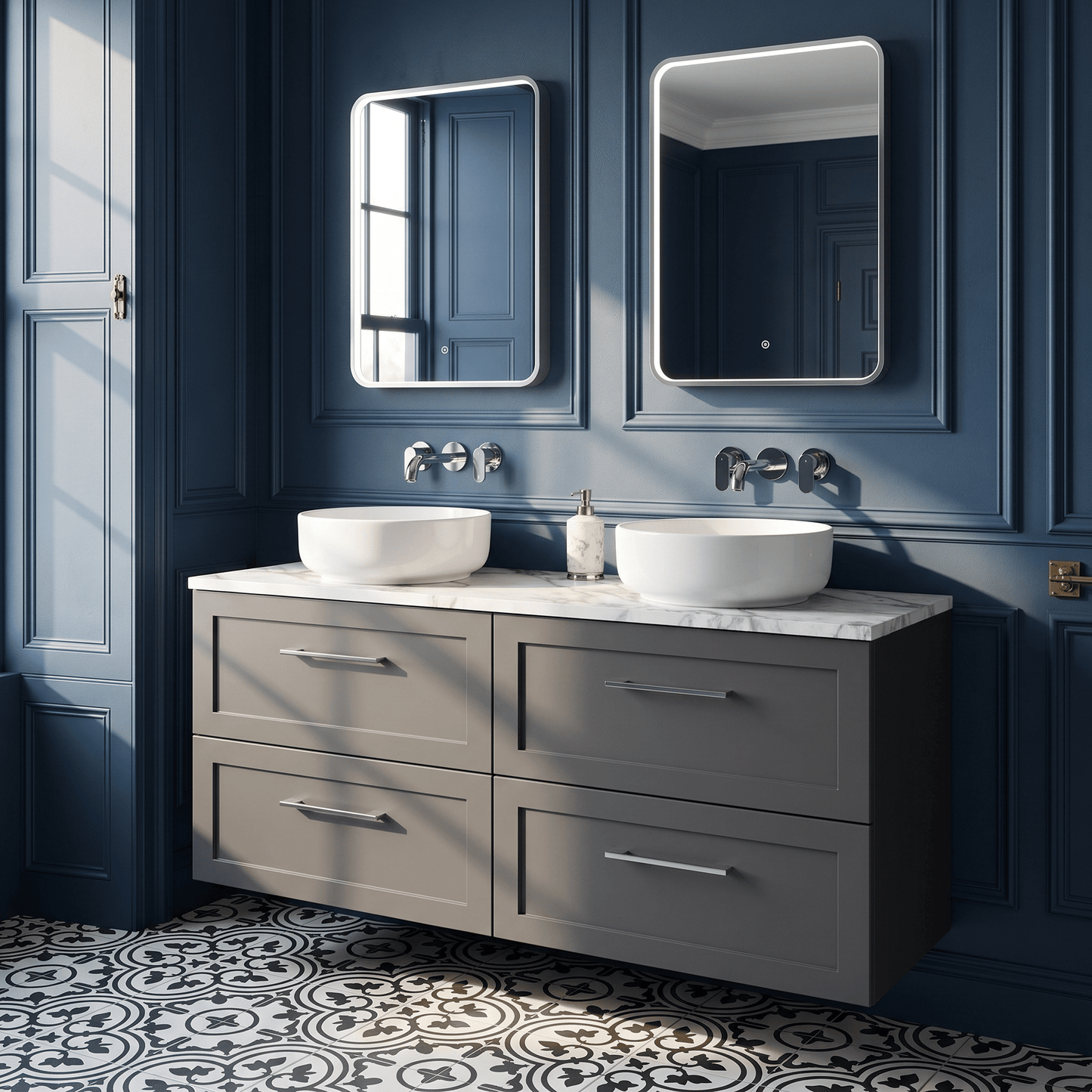 [BFSH1424LCM2] Stonnall Traditional Wall Hung 4 Drawer 1200mm Vanity Unit with Carrera Marble Laminate Worktop - Choice of Colour - Lifestyle 1