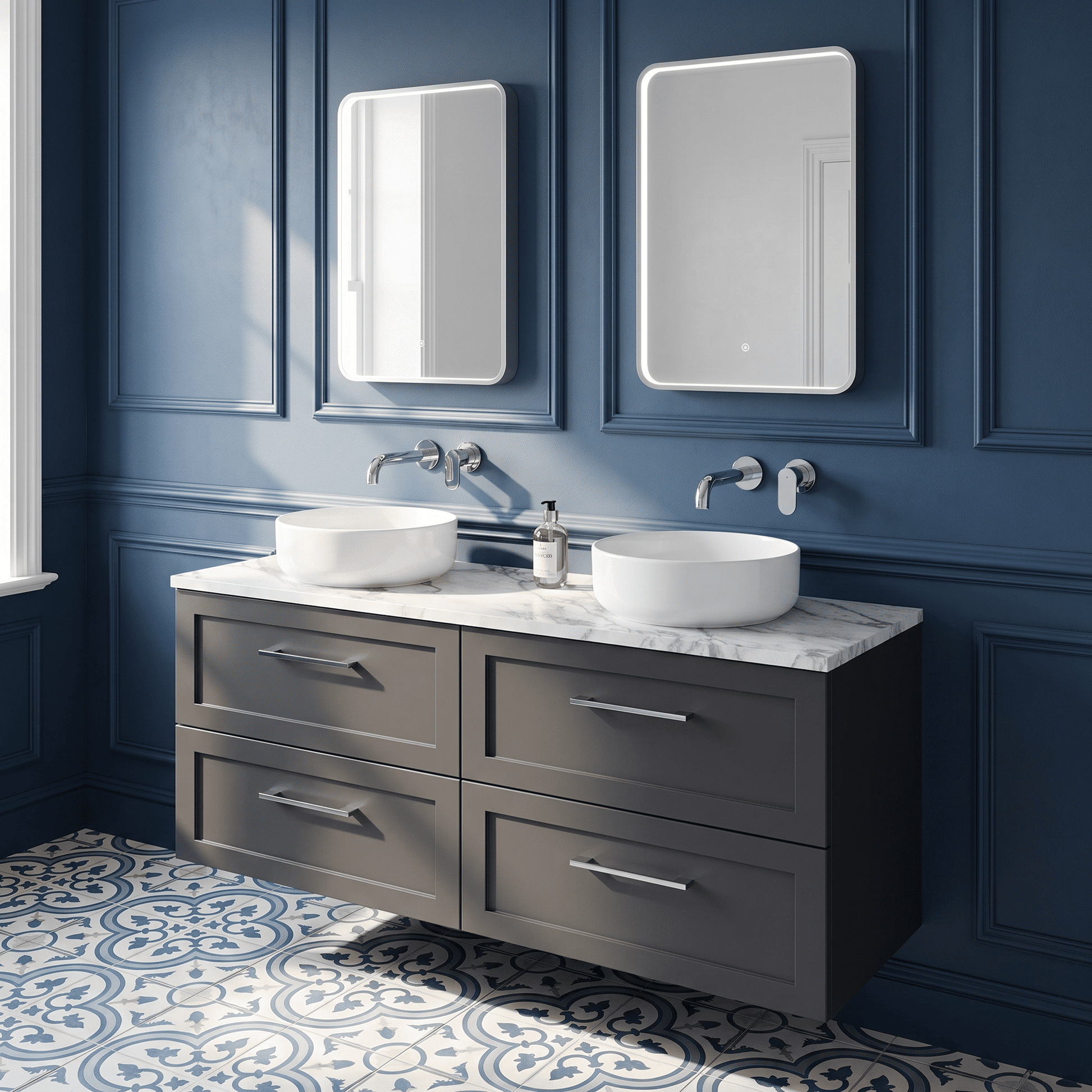 [BFSH1424LCM2] Stonnall Traditional Wall Hung 4 Drawer 1200mm Vanity Unit with Carrera Marble Laminate Worktop - Choice of Colour - Lifestyle 2