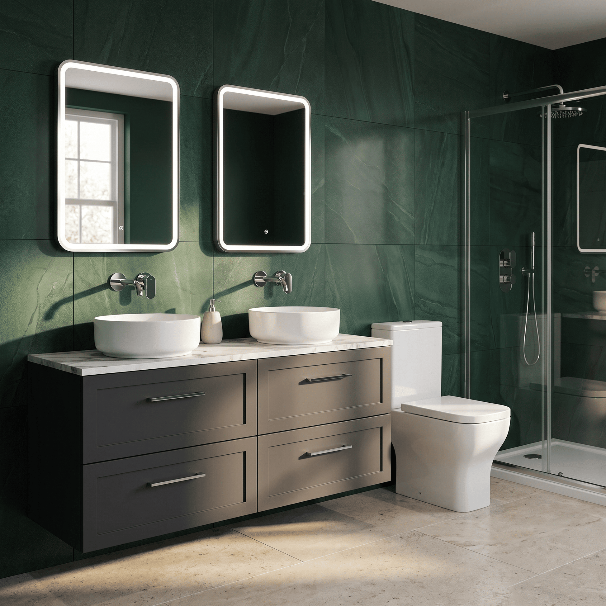 [BFSH1424LCM2] Stonnall Traditional Wall Hung 4 Drawer 1200mm Vanity Unit with Carrera Marble Laminate Worktop - Choice of Colour - Lifestyle 3