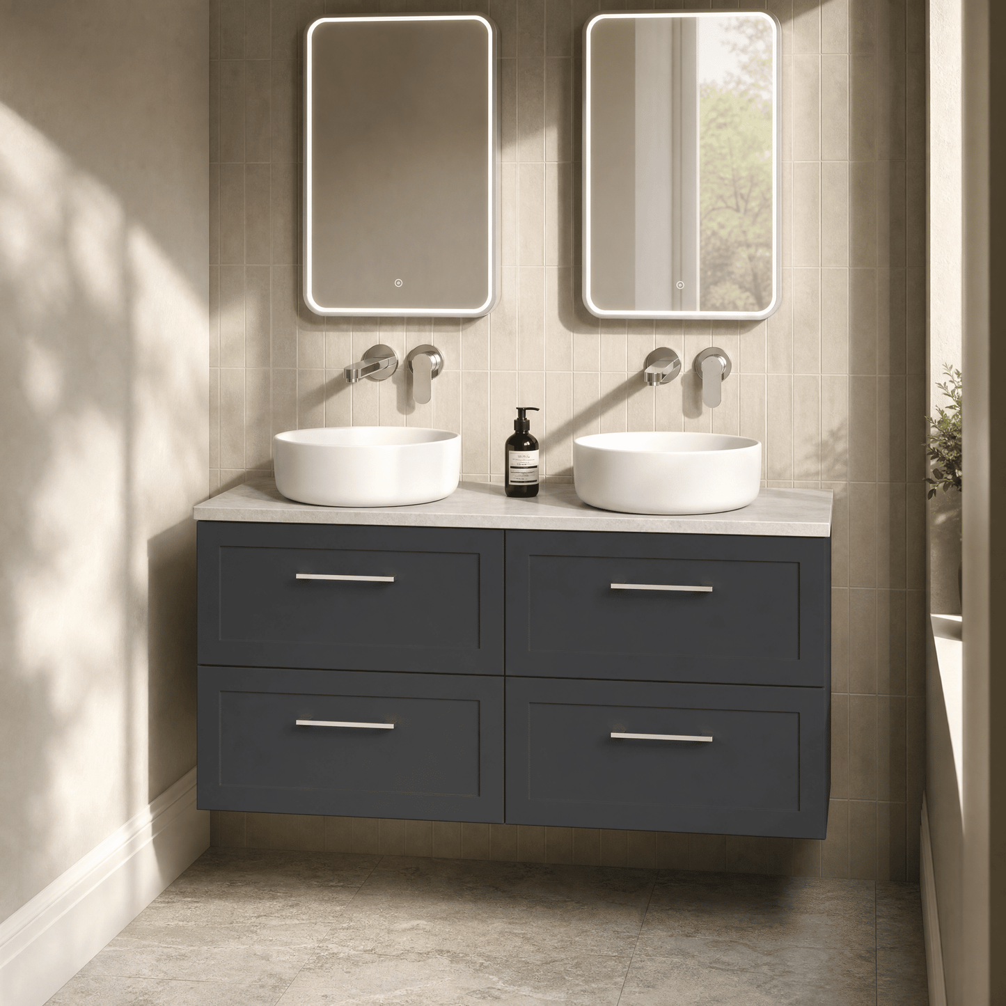 [BFSH1424LSWG2] Stonnall Traditional Wall Hung 4 Drawer 1200mm Vanity Unit with White Sparkle Laminate Worktop - Choice of Colour - Lifestyle 1