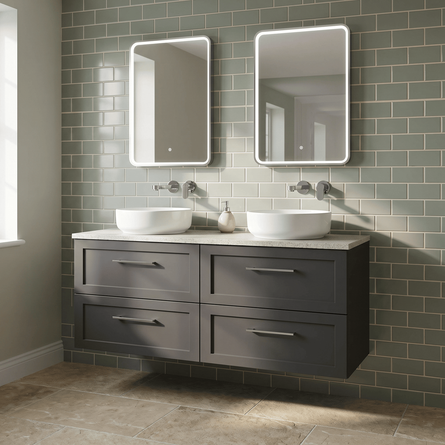 [BFSH1424LWN2] Stonnall Traditional Wall Hung 4 Drawer 1200mm Vanity Unit with White Nebula Laminate Worktop - Choice of Colour - Lifestyle 1