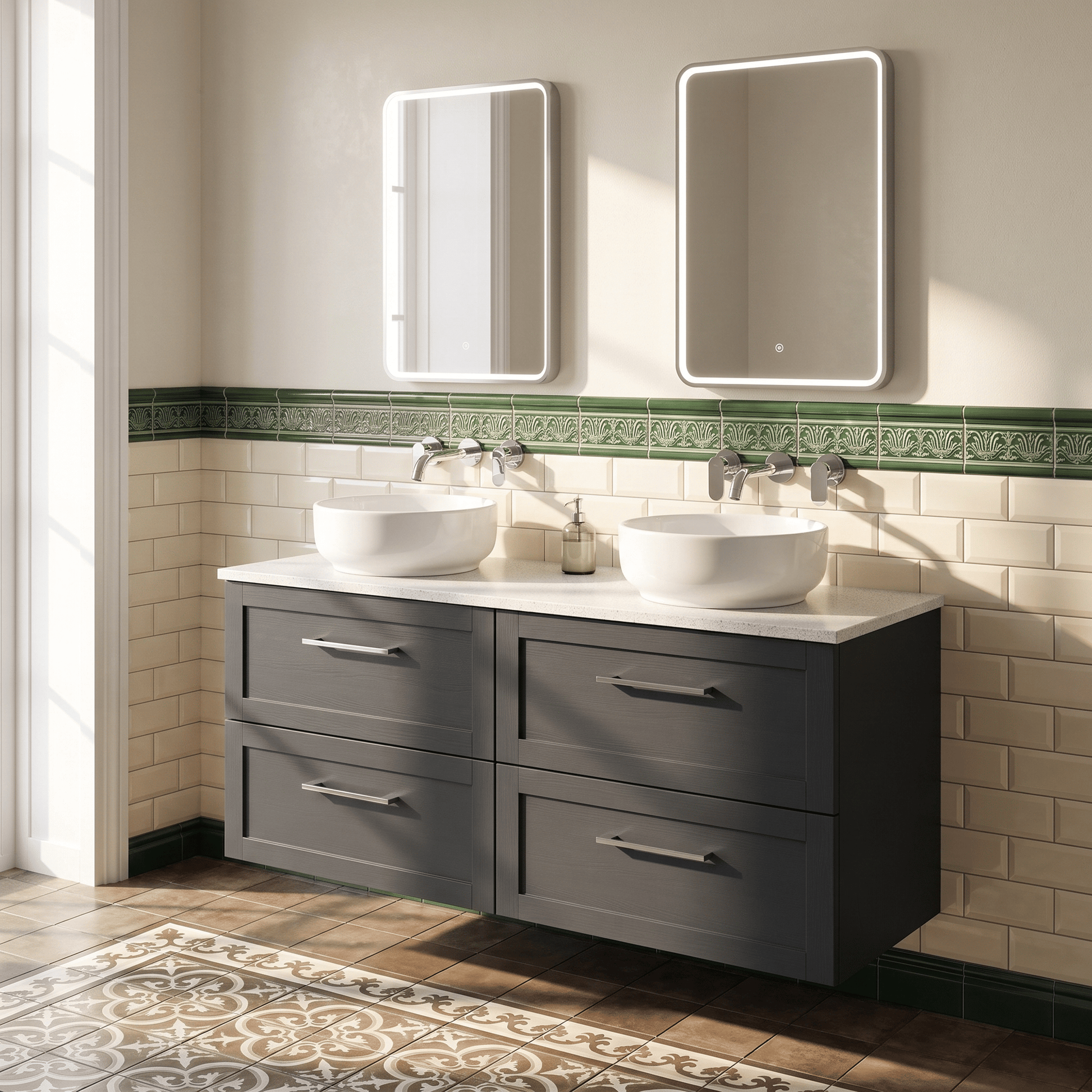 [BFSH1424WMT2] Stonnall Traditional Wall Hung 4 Drawer 1200mm Vanity Unit with White Marble Top - Choice of Colour - Lifestyle 1