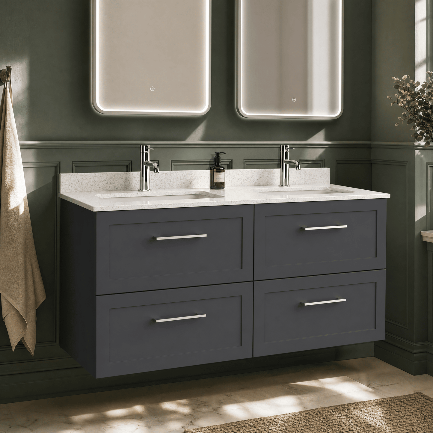 [BFSH1424WS2] Stonnall Traditional Wall Hung 4 Drawer 1200mm Vanity Unit with White Marble Top and Basin - Choice of Colour - Lifestyle 2