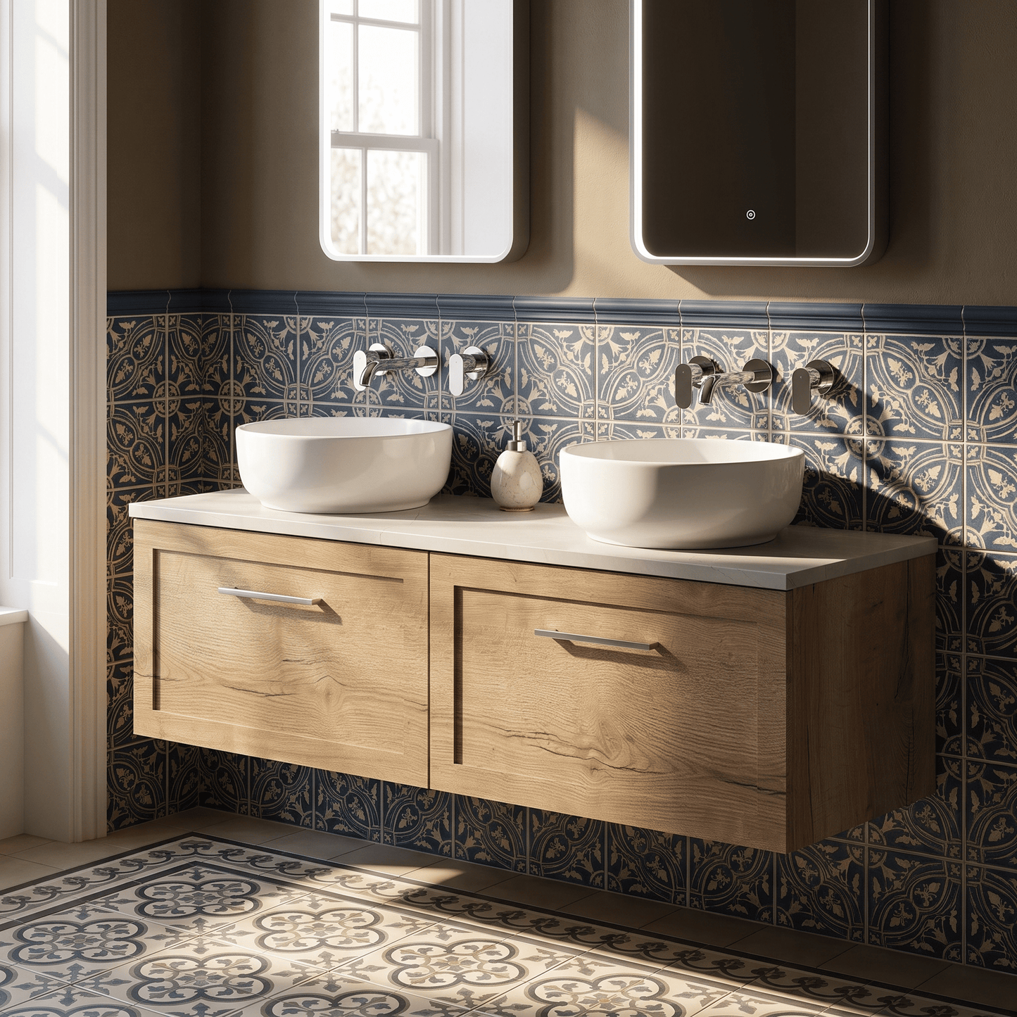 [BFSH1822LMP2] Stonnall Traditional Wall Hung 2 Drawer 1200mm Vanity Unit with Marble Plaster Laminate Worktop - Choice of Colour - Lifestyle 1