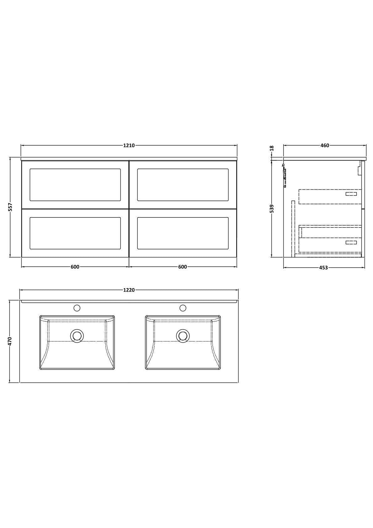 [BFSH1824WS2] Stonnall Traditional Wall Hung 4 Drawer 1200mm Vanity Unit with White Marble Top and Basin - Choice of Colour - Technical Drawing
