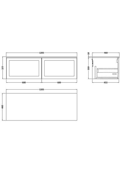 [BFSH3122W2] Stonnall Traditional Wall Hung 2 Drawer 1200mm Vanity Unit with Laminate Worktop - Choice of Colour - Technical Drawing