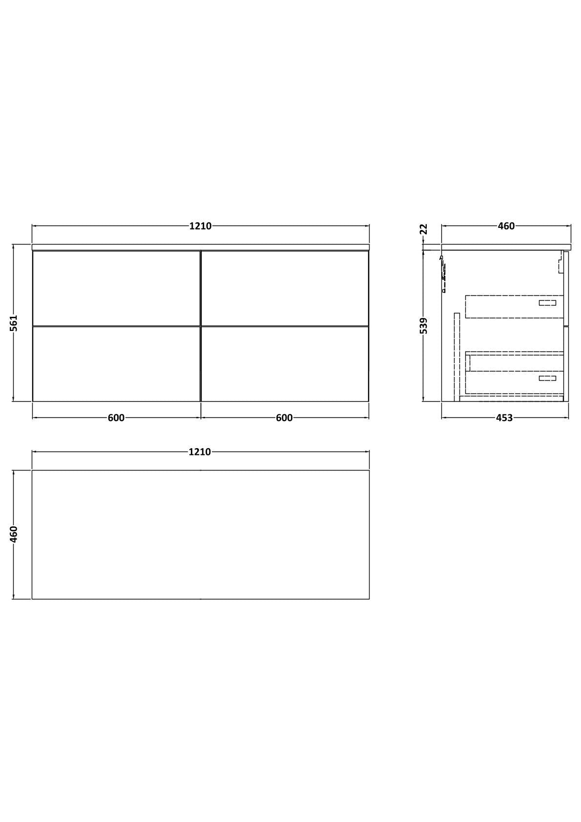 [BFSH3124LBP2] Stonnall Traditional Wall Hung 4 Drawer 1200mm Vanity Unit with Black Pietra Marble Laminate Worktop - Choice of Colour - Technical Drawing