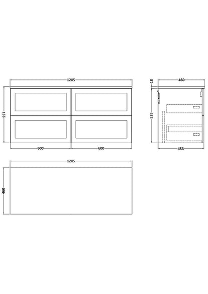 [BFSH3124W2] Stonnall Traditional Wall Hung 4 Drawer 1200mm Vanity Unit with Laminate Worktop - Choice of Colour - Technical Drawing