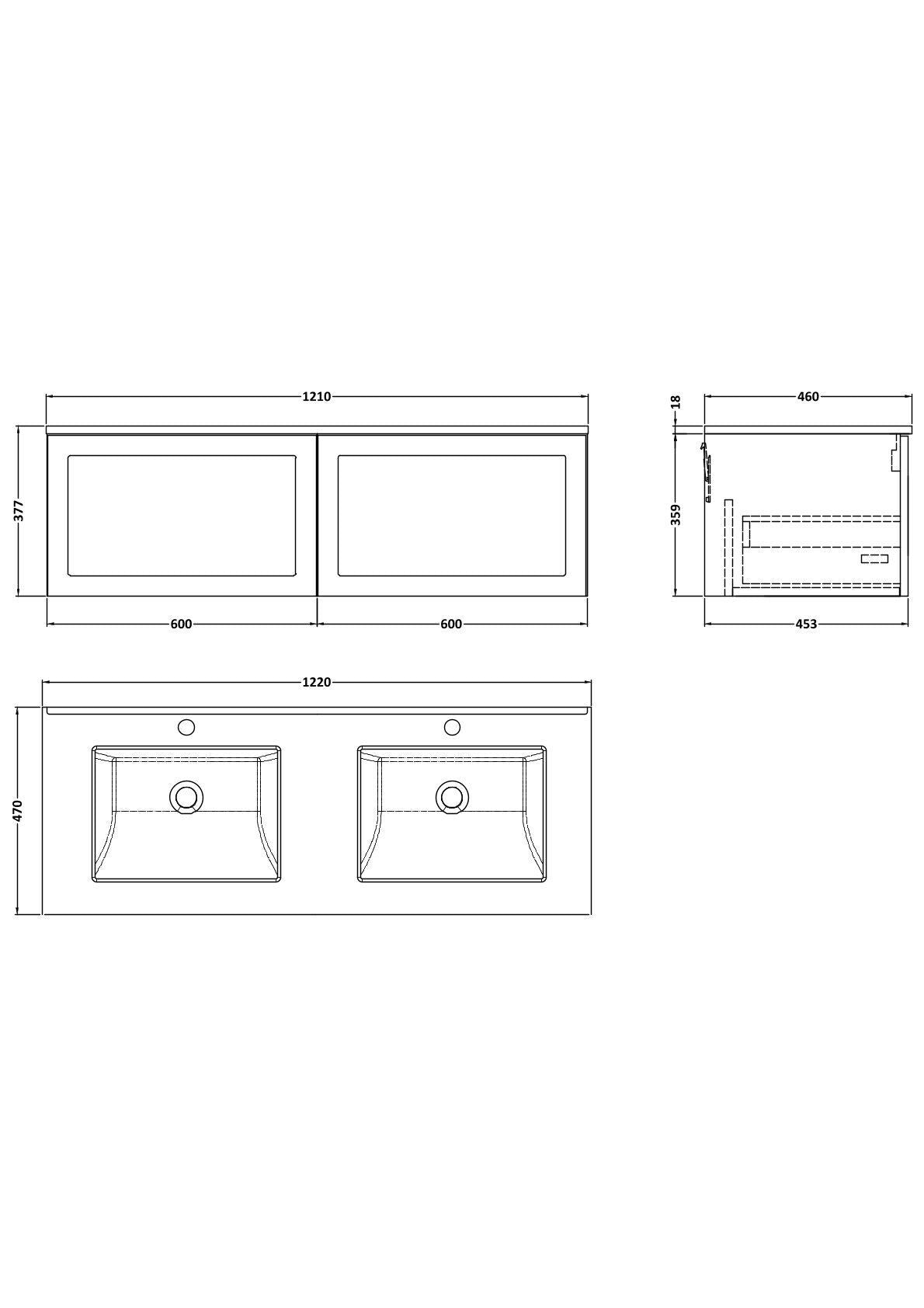 [BFSH3222WS2] Stonnall Traditional Wall Hung 2 Drawer 1200mm Vanity Unit with White Marble Top and Basin - Choice of Colour - Technical Drawing