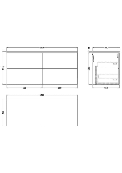 [BFSH3224LBP2] Stonnall Traditional Wall Hung 4 Drawer 1200mm Vanity Unit with Black Pietra Marble Laminate Worktop - Choice of Colour - Technical Drawing