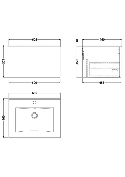[BFSL122C] Pershall Contemporary Wall Hung 1 Drawer Vanity Unit with Minimalist Ceramic Basin - Choice of Size and Colour - Technical Drawing