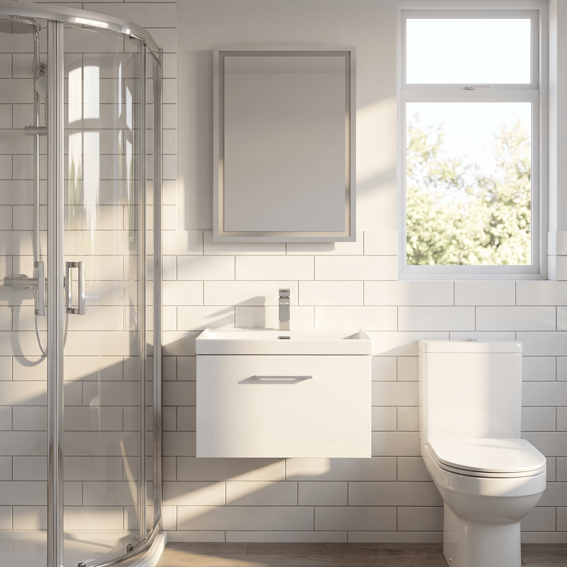 [BFSL122E] Pershall Contemporary Wall Hung 1 Drawer Vanity Unit with Thin-Edge Ceramic Basin - Choice of Size and Colour - Lifestyle 1