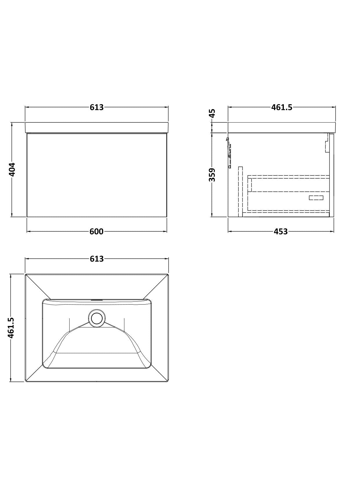 [BFSL122K] Pershall Contemporary Wall Hung 1 Drawer Vanity Unit with 0 Tap Hole Fireclay Basin - Choice of Size and Colour - Technical Drawing