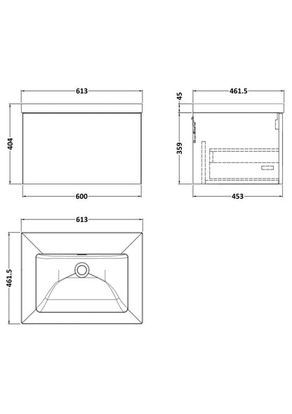 [BFSL122K] Pershall Contemporary Wall Hung 1 Drawer Vanity Unit with 0 Tap Hole Fireclay Basin - Choice of Size and Colour - Technical Drawing