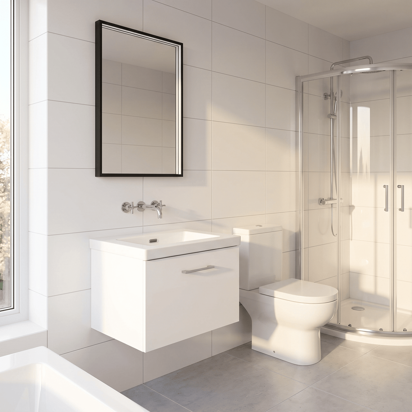 [BFSL122K] Pershall Contemporary Wall Hung 1 Drawer Vanity Unit with 0 Tap Hole Fireclay Basin - Choice of Size and Colour - Lifestyle 3