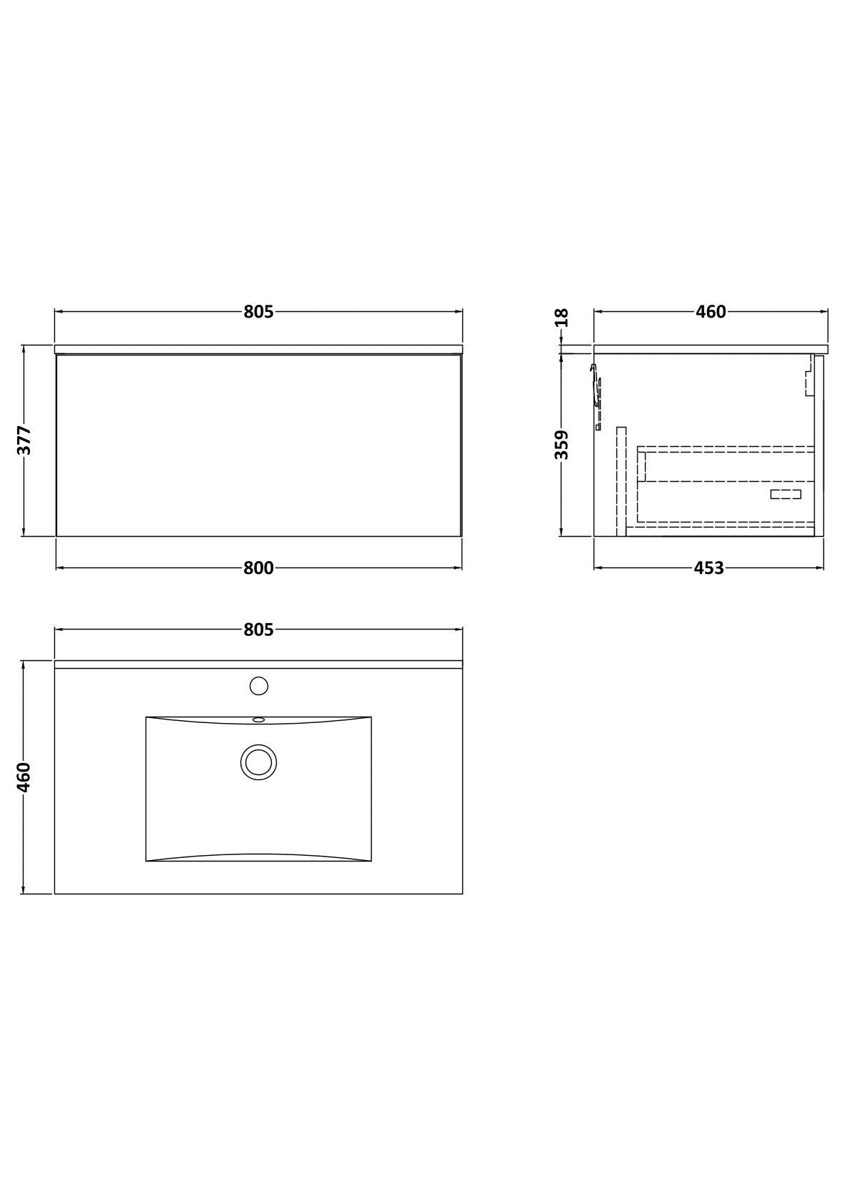 [BFSL125C] Pershall Contemporary Wall Hung 1 Drawer Vanity Unit with Minimalist Ceramic Basin - Choice of Size and Colour - Technical Drawing