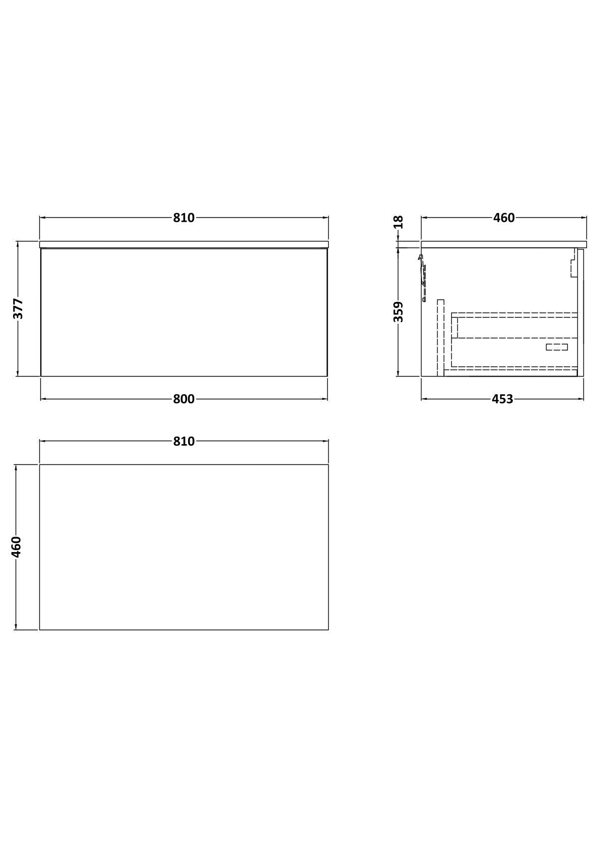 [BFSL125GMT] Pershall Contemporary Wall Hung 1 Drawer Vanity Unit with Grey Marble Top - Choice of Size and Colour - Technical Drawing