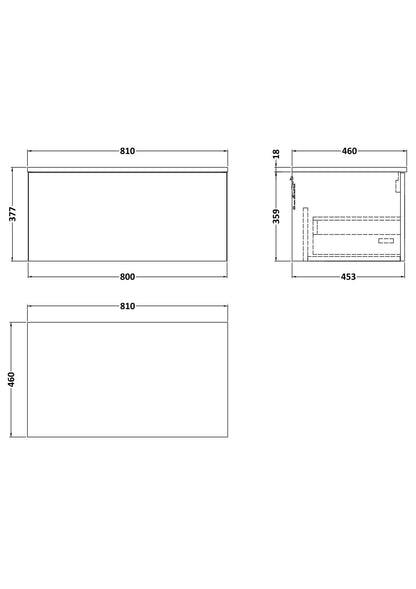 [BFSL125GMT] Pershall Contemporary Wall Hung 1 Drawer Vanity Unit with Grey Marble Top - Choice of Size and Colour - Technical Drawing