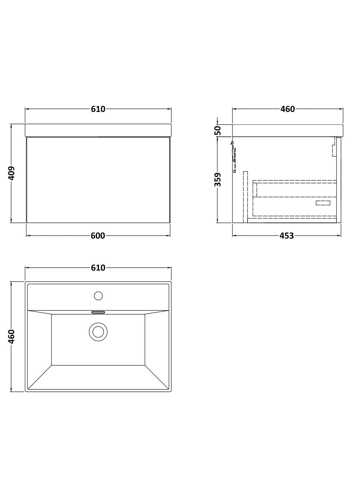[BFSL1422E] Pershall Contemporary Wall Hung 1 Drawer Vanity Unit with Thin-Edge Ceramic Basin - Choice of Size and Colour - Technical Drawing
