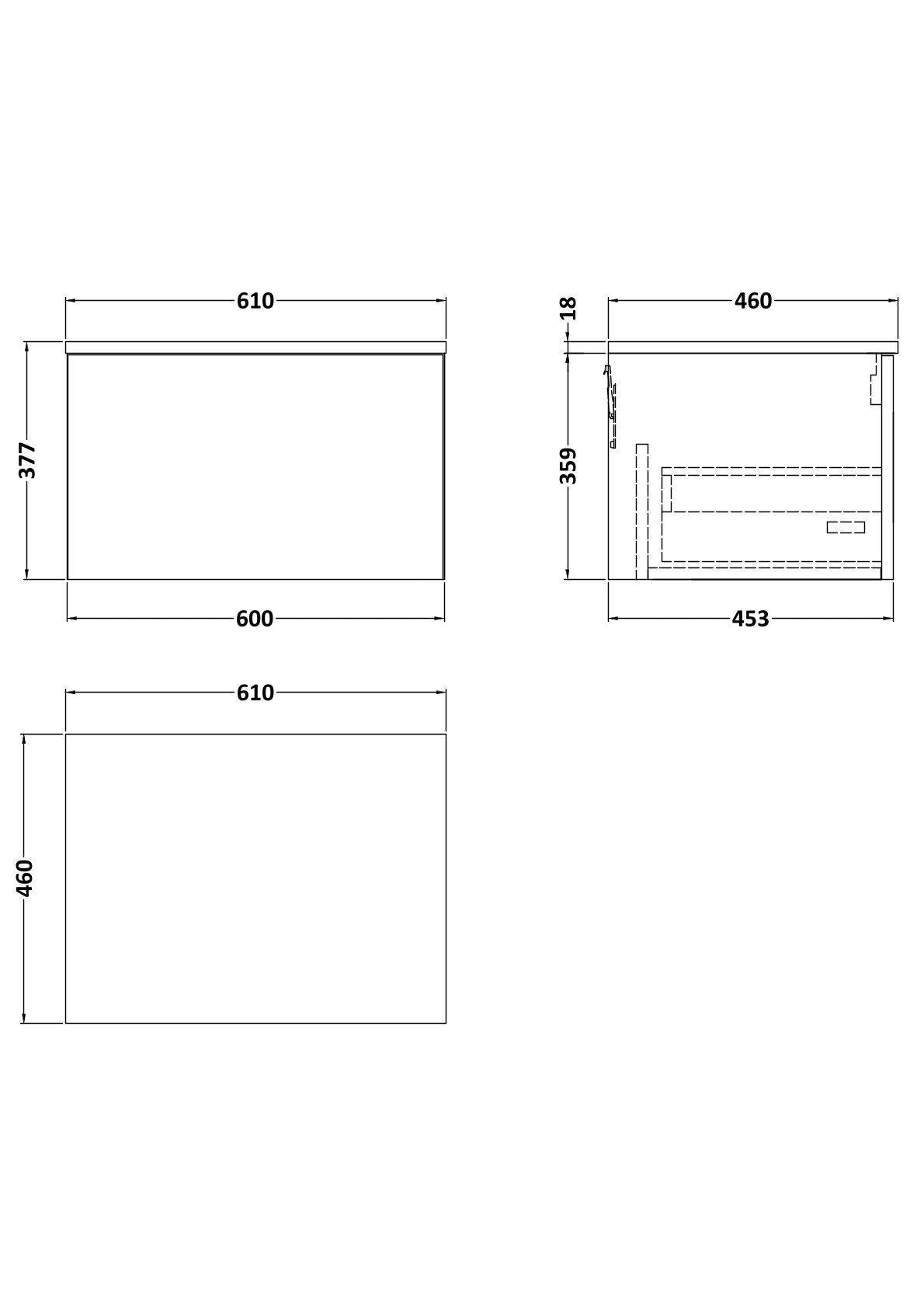 [BFSL1422GMT] Pershall Contemporary Wall Hung 1 Drawer Vanity Unit with Grey Marble Top - Choice of Size and Colour - Technical Drawing