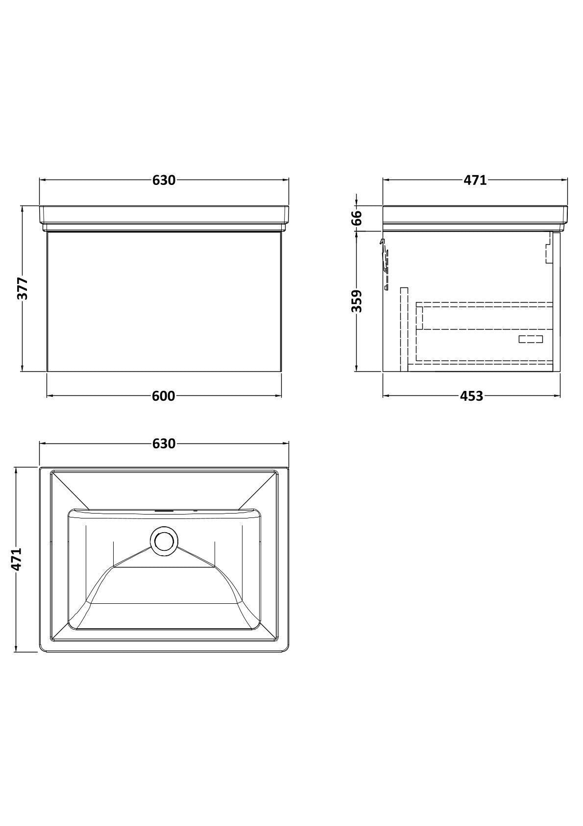 [BFSL1422H] Pershall Contemporary Wall Hung 1 Drawer Vanity Unit with Traditional 0 Tap Hole Fireclay Basin - Choice of Size and Colour - Technical Drawing