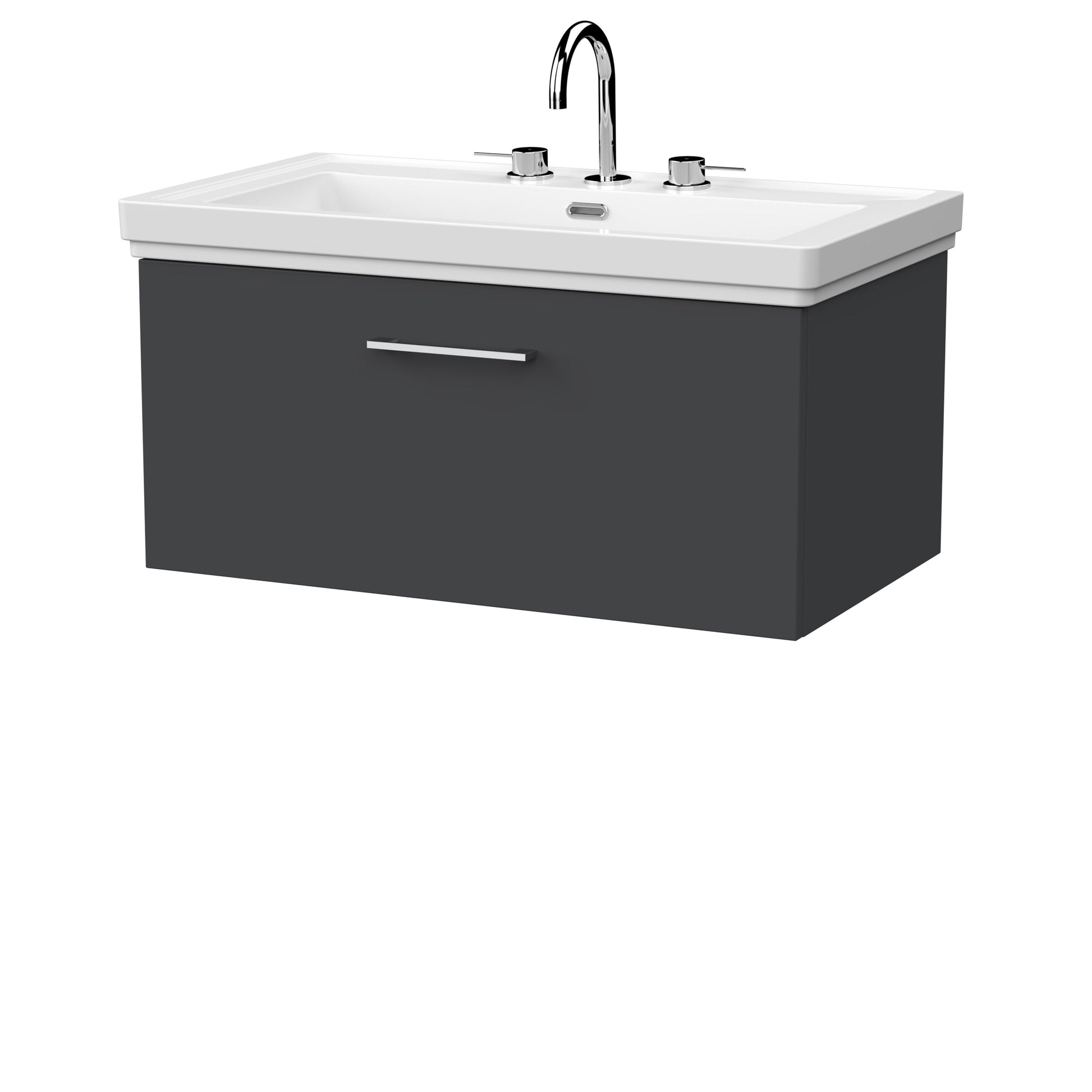 [BFSL1425B] Pershall Contemporary Wall Hung 1 Drawer Vanity Unit with Traditional 3 Tap Hole Fireclay Basin - Choice of Size and Colour - Cutout