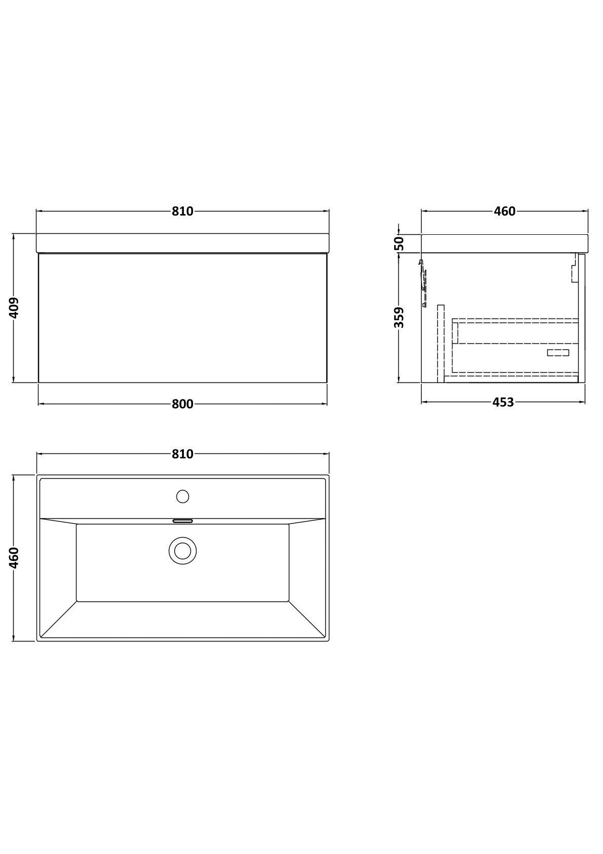 [BFSL1425E] Pershall Contemporary Wall Hung 1 Drawer Vanity Unit with Thin-Edge Ceramic Basin - Choice of Size and Colour - Technical Drawing