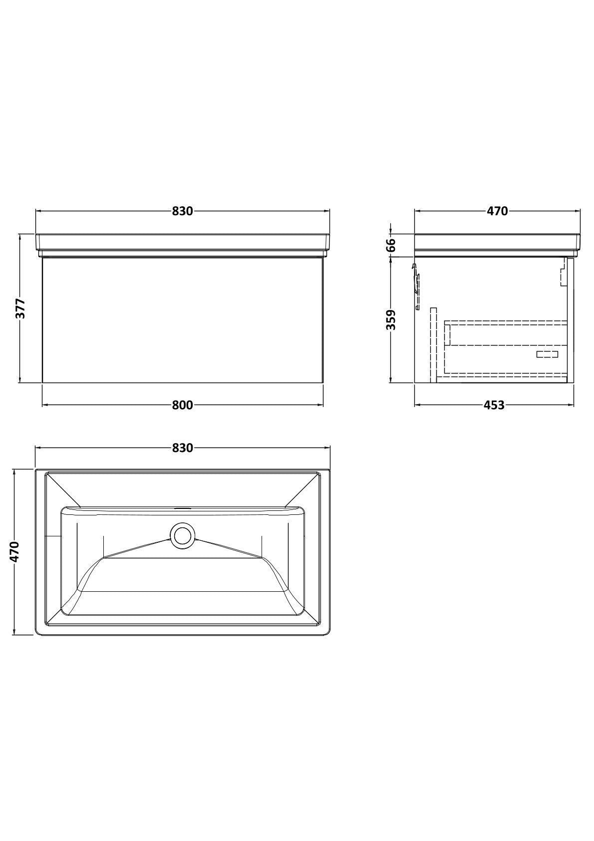 [BFSL1425H] Pershall Contemporary Wall Hung 1 Drawer Vanity Unit with Traditional 0 Tap Hole Fireclay Basin - Choice of Size and Colour - Technical Drawing