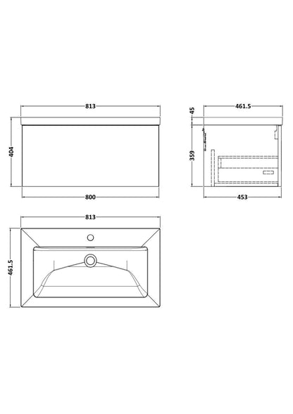 [BFSL1425L] Pershall Contemporary Wall Hung 1 Drawer Vanity Unit with 1 Tap Hole Fireclay Basin - Choice of Size and Colour - Technical Drawing
