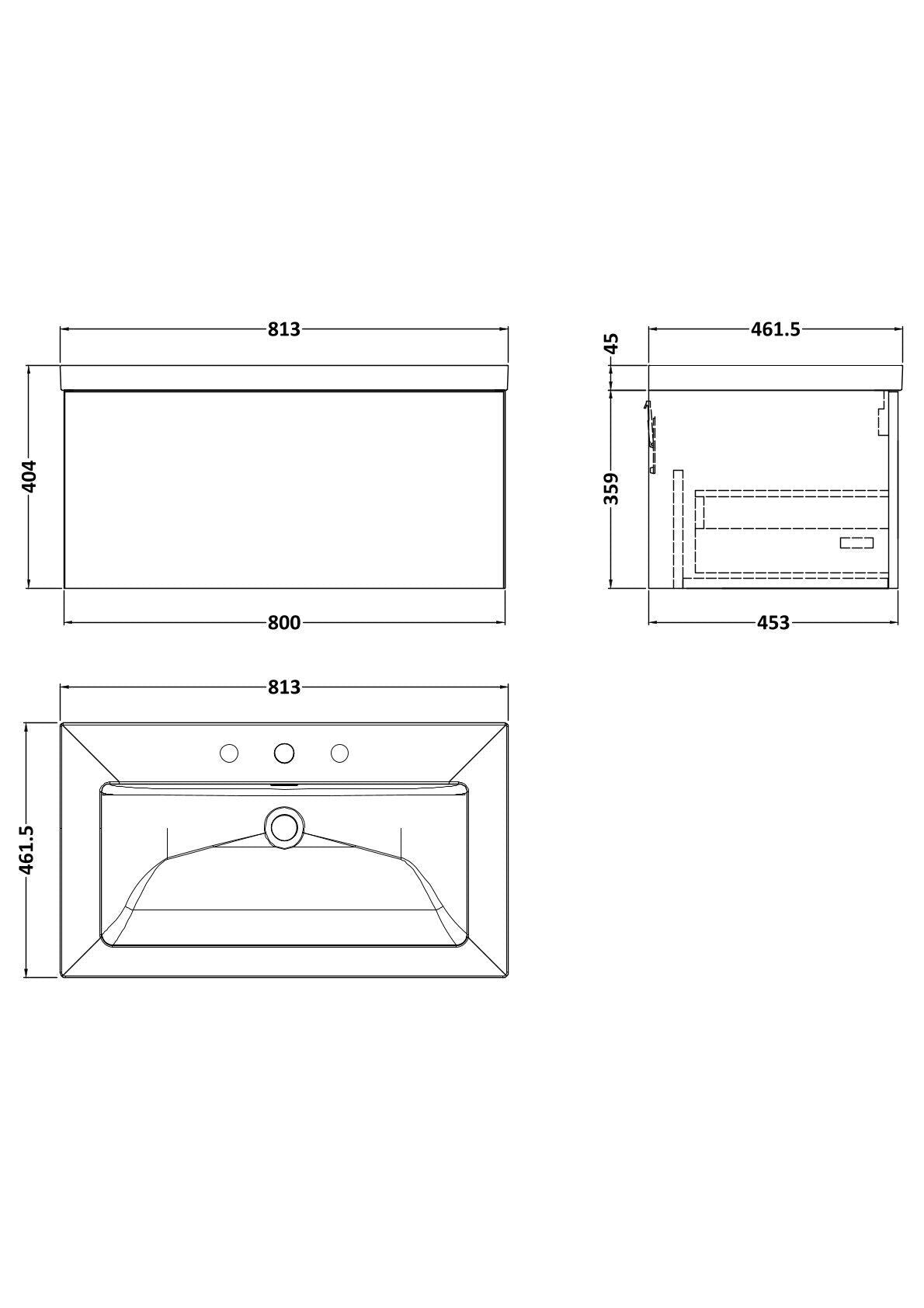 [BFSL1425M] Pershall Contemporary Wall Hung 1 Drawer Vanity Unit with 3 Tap Hole Fireclay Basin - Choice of Size and Colour - Technical Drawing