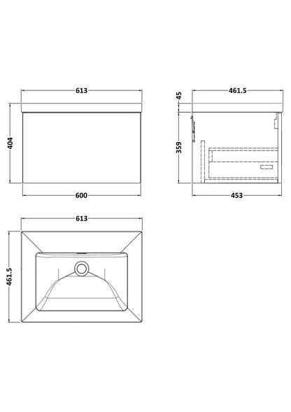[BFSL1822K] Pershall Contemporary Wall Hung 1 Drawer Vanity Unit with 0 Tap Hole Fireclay Basin - Choice of Size and Colour - Technical Drawing