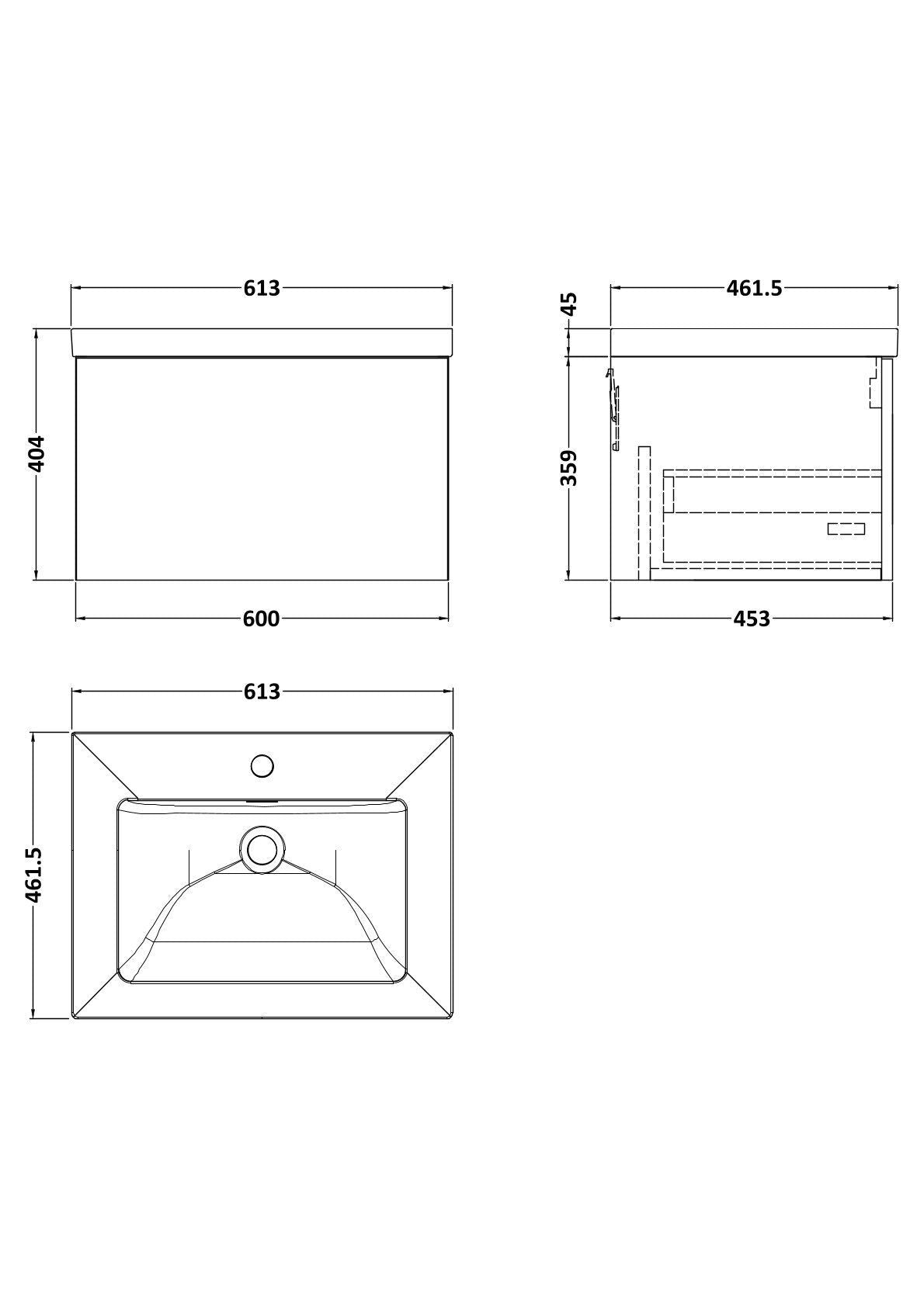 [BFSL1822L] Pershall Contemporary Wall Hung 1 Drawer Vanity Unit with 1 Tap Hole Fireclay Basin - Choice of Size and Colour - Technical Drawing