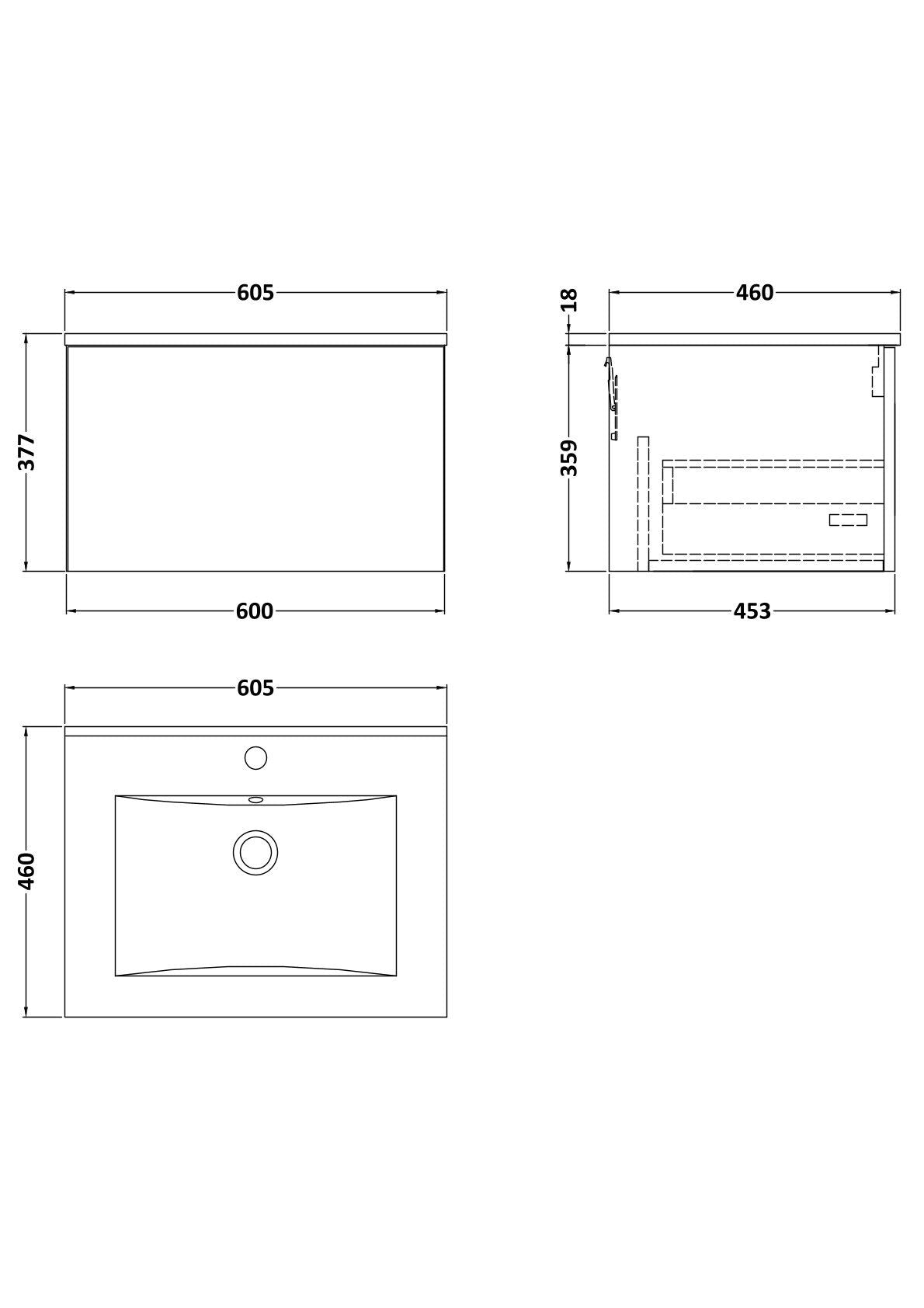 [BFSL3122C] Pershall Contemporary Wall Hung 1 Drawer Vanity Unit with Minimalist Ceramic Basin - Choice of Size and Colour - Technical Drawing