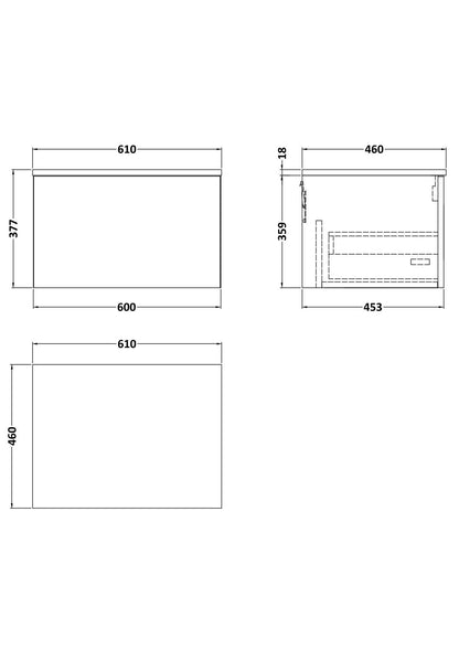[BFSL3122GMT] Pershall Contemporary Wall Hung 1 Drawer Vanity Unit with Grey Marble Top - Choice of Size and Colour - Technical Drawing